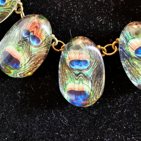 Antiqued Bronze Tone Chunky Peacock Feather Necklace - Picture 6 of 16